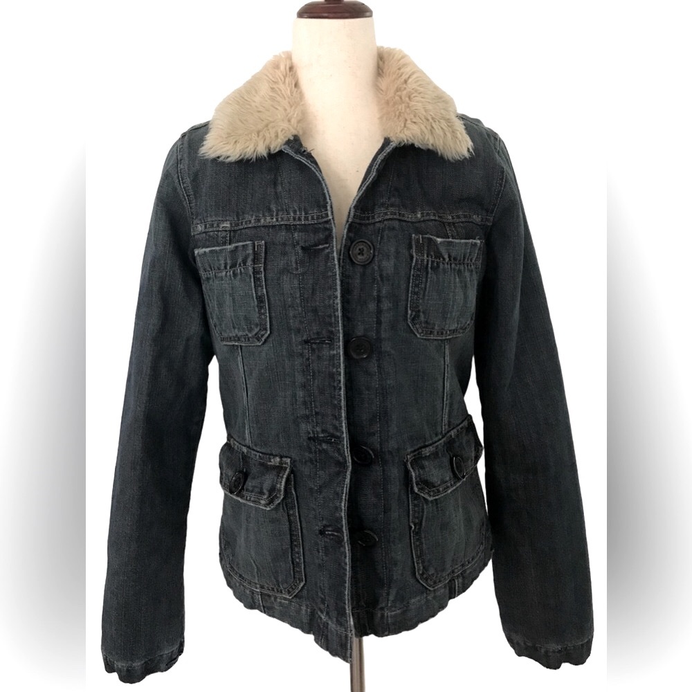Abercrombie & Fitch Jean Jacket Faux Fur Collar Medium Lined Button Down Pockets - Picture 2 of 11